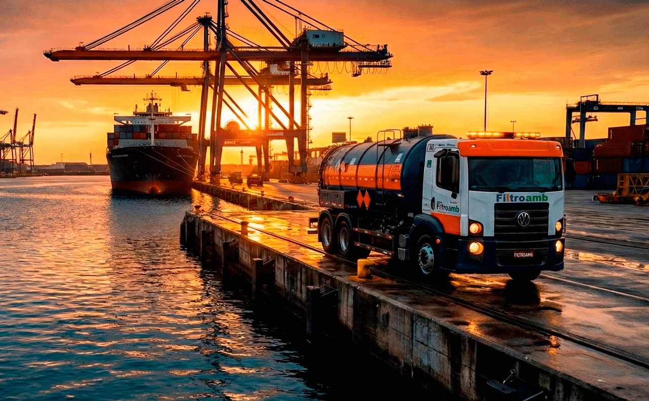 Navio em porto com coleta de resíduos ambientais